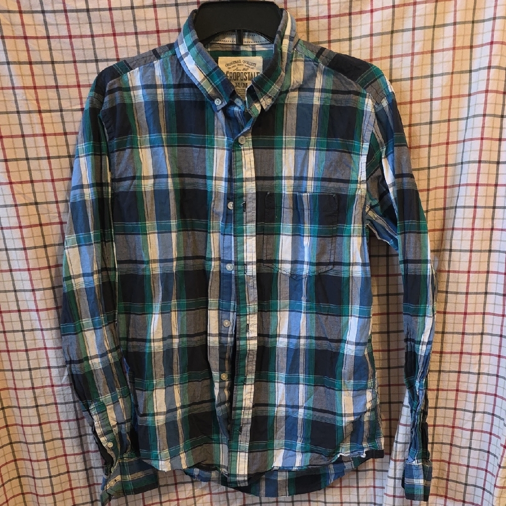 Mens' Aeropostale Green and Blue Plaid Shirt M